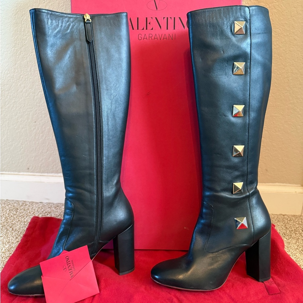 Valentino Garavani Black Heeled Boots with Gold Studs